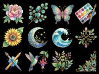Watercolor art supplies and nature elements collection isolated on transparent background, ready for t-shirt design, clipart, stickers, sublimation and print-on-demand projects.