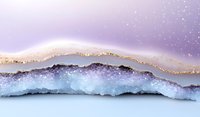 Abstract winter landscape with gold glitter wave on purple and blue watercolor background, sparkling snow particles floating in frosty mountain air.