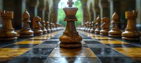 Wooden chess king piece standing on checkered board with rows of pieces in background, dramatic perspective view highlighting strategy and leadership concept.