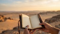 Open book held by hands against desert landscape at sunset, symbolizing knowledge, reading, and exploration in nature.