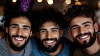 Three young Middle Eastern men with curly dark hair and beards smiling warmly at camera, showing genuine happiness and friendship against blurred bokeh lights background.
