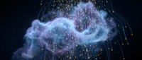 Cosmic nebula with glowing purple and blue gases surrounded by golden light streaks and sparkling stars against deep space background for astronomy concepts.