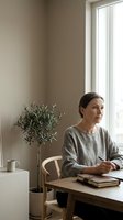 Middle-aged woman with dark hair sitting at wooden desk by bright window, wearing gray linen shirt, contemplating with book and plant nearby, minimalist interior design workspace.