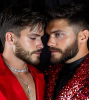 Two bearded men in red sequined and formal attire face each other intimately against dark background, creating dramatic romantic portrait with luxurious fashion styling.
