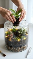 Hands carefully placing small fern plant into glass terrarium container with LED lights, soil layers and decorative stones for indoor gardening project.