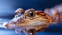 Close up macro shot of young alligator head partially submerged in blue water showing detailed eye and scaly skin texture with mirror reflection on water surface.