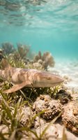 Nurse shark swimming over coral reef in shallow tropical waters with seagrass and marine life in crystal clear turquoise ocean environment.