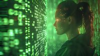 Young female programmer silhouetted against green digital matrix code background, side profile with ponytail, representing cybersecurity and data analysis.