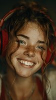 Young woman with freckles and blue eyes wearing red hoodie, smiling at camera. Portrait photography for lifestyle, beauty, and wellness content.