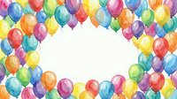 Colorful watercolor balloons frame border on white background for party invitations, birthday cards and celebration designs.