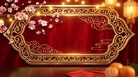 Elegant red and gold Chinese New Year background with ornate frame, cherry blossoms, and traditional lanterns for festive celebration designs.