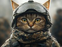 Tactical military cat wearing combat helmet and camouflage gear with intense green eyes looking directly at camera in outdoor setting.