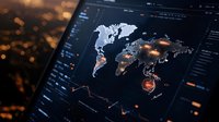 Digital world map visualization with glowing hotspots and data analytics interface showing global connectivity patterns on dark background with orange highlights.