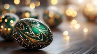 Ornate emerald green Easter egg with golden pattern and glitter decorations against blurred festive bokeh lights background creating magical holiday atmosphere.