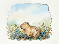 Watercolor capybara sitting peacefully among botanical foliage with soft blue sky background, isolated on white for nature and wildlife designs.