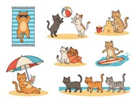 Cute cats playing with beach ball, relaxing on towel, building sandcastle, holding umbrella, swimming on surfboard, and walking together isolated on white background for design use.