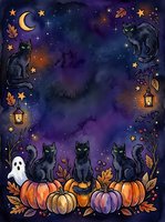 Spooky night scene with black cats, glowing pumpkins, autumn leaves, crescent moon, stars, lanterns, and ghost on mystical purple and blue gradient background. Halloween celebration artwork.