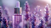 Luxurious purple serum dropper bottle with lavender flowers in dreamy bokeh background, cosmetic skincare product photography for beauty and wellness marketing.