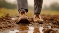 Walking boots on muddy trail through puddle, close-up view of leather hiking footwear and pants in autumn weather conditions during outdoor adventure.
