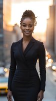 Young African American businesswoman in black fitted suit smiling confidently against blurred urban background with warm sunset lighting and bokeh effects.