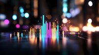 Colorful digital sound wave visualization with glowing bars reflecting on dark surface against blurred city lights background for music technology concepts.