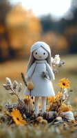 Sweet felt doll in white dress standing among autumn dried flowers and yellow daisies against blurred fall background, artistic composition for decoration.