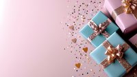Festive gift boxes in mint blue and pink with sparkly rose gold bows and scattered glitter hearts on pastel pink background, corner composition with copy space.
