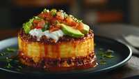 Gourmet corn cake topped with sour cream, diced tomatoes, avocado and fresh herbs on black plate with caramelized sauce, close up view in dark moody setting.