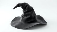 Black wizard hat with curved pointed tip isolated on white background for Halloween costume and magical themed designs.