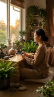 Young Asian woman meditating with essential oil diffuser in cozy plant-filled room during golden hour sunset for wellness and mindfulness practice.