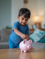Young South Asian boy in blue t-shirt putting coin into pink piggy bank at home, teaching children about saving money and financial literacy.