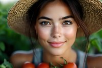 Young woman with freckles wearing straw hat smiling while holding fresh garden tomatoes, natural summer portrait with soft bokeh background and warm lighting.
