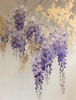 Cascading purple wisteria blooms with delicate gold foliage on soft gray background, elegant floral composition in Asian artistic style creates serene atmosphere.