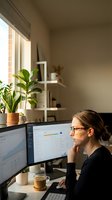 Young professional woman working from home office analyzing data on computer screens with plants and natural light creating productive workspace atmosphere.