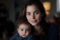 Young mother with dark wavy hair embraces toddler son in intimate indoor portrait with soft natural window lighting and shallow depth of field.