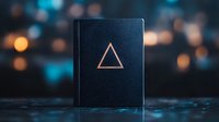 Black leather notebook with golden triangle symbol on cover against blurred bokeh lights in dark moody atmosphere with teal accents.