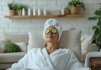 Young Caucasian woman relaxing at spa with cucumber slices on eyes, wearing white bathrobe and towel turban, lying on couch in modern wellness setting.