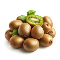 Fresh kiwi fruits pile with green leaves and sliced half showing seeds pattern isolated on white background for healthy eating and nutrition concepts.