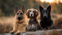 Three dogs sitting together on wooden log during golden hour sunset light for pet photography and animal companionship concepts.