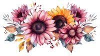 Watercolor floral arrangement with pink and yellow sunflowers, dusty blue leaves, autumn foliage and berries in soft romantic style for wedding stationery.