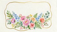 Watercolor floral arrangement with pink roses, yellow blooms, blue flowers, and green foliage on cream background with gold decorative border frame.