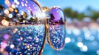 Sunglasses reflection with sparkling bokeh lights and water droplets creating magical summer atmosphere. Macro photography captures dreamy beach vibes.