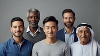 Diverse group of five professional men from different ethnic backgrounds smiling at camera in business casual attire against neutral background.