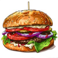 Juicy hamburger with beef patty, fresh vegetables, lettuce, tomatoes, and purple onion rings on sesame bun. Hand drawn watercolor style food illustration.