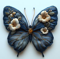 Decorative blue butterfly brooch with embroidered white flowers and golden details on wings, handcrafted textile art piece against white background.