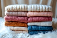 Stack of folded cozy knitted sweaters in pastel and bright colors arranged on white fur background, showcasing different textures and warm winter fashion styles.