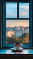 Cup of coffee on windowsill with blurred cityscape view during sunset. Cozy morning atmosphere with warm light and blue tones creates peaceful urban scene.