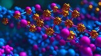 Molecular structure visualization with pink and orange atoms connected by golden bonds on deep blue background, scientific chemistry concept illustration.