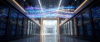 Modern data center server room with glowing network connections and futuristic lighting effects for technology and cloud computing concepts.