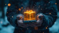 Magical glowing gift box floating between hands in winter night with sparkles and bokeh lights, creating mystical holiday atmosphere against snowy background.